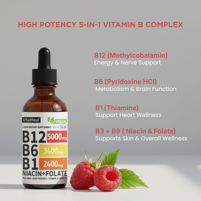 Liquid B-Complex Drops with B12, B6, B1, Folate & Niacin – Energy & Immune Support